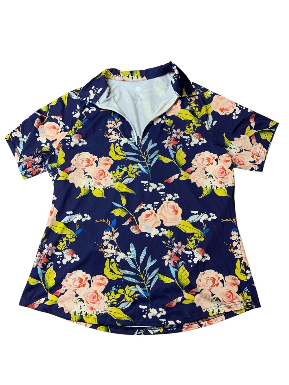 MoFiz Navy Blue Floral Short Sleeve Quarter Zip Athletic Polo Top US L / EU XL